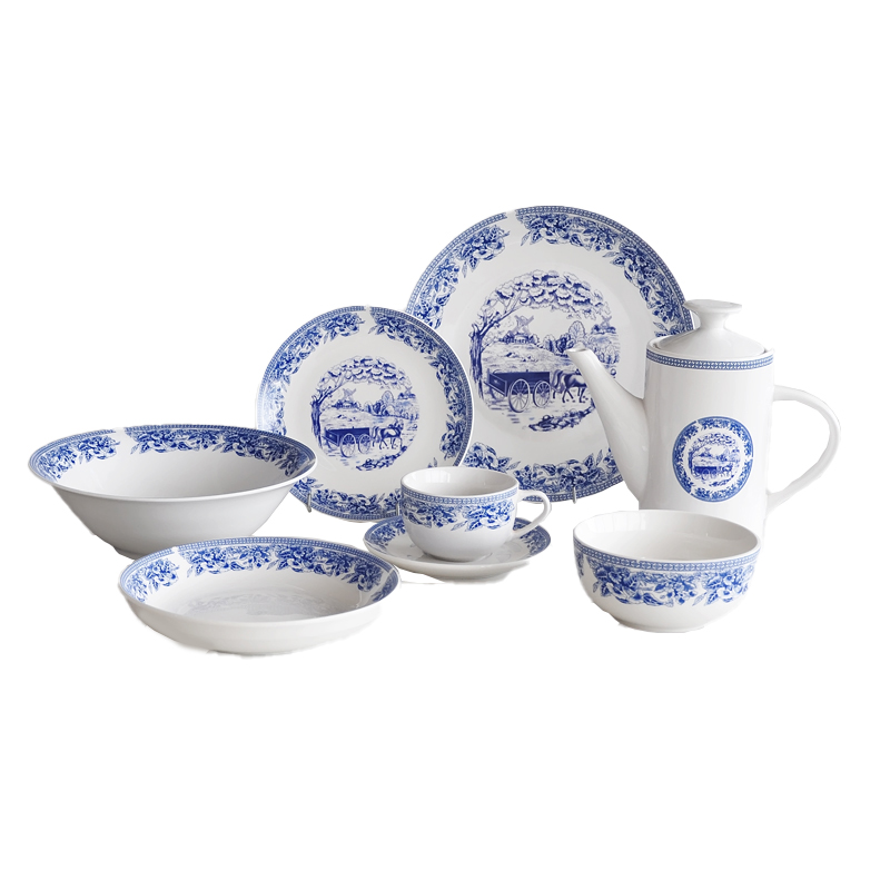 32pc Square Shape Dinner Set, Porcelain with Chinese Style Decal